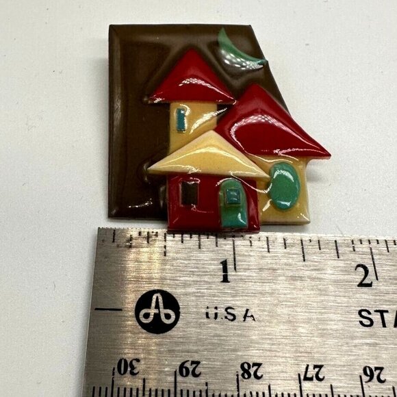 House Pins by Lucinda Mixed Media Resin 2" Pin Brown Red Blue Houses Green Moon - Picture 6 of 7